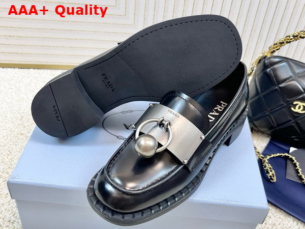 Prada Brushed Leather Loafers with Metal Details in Black 1D981N Replica