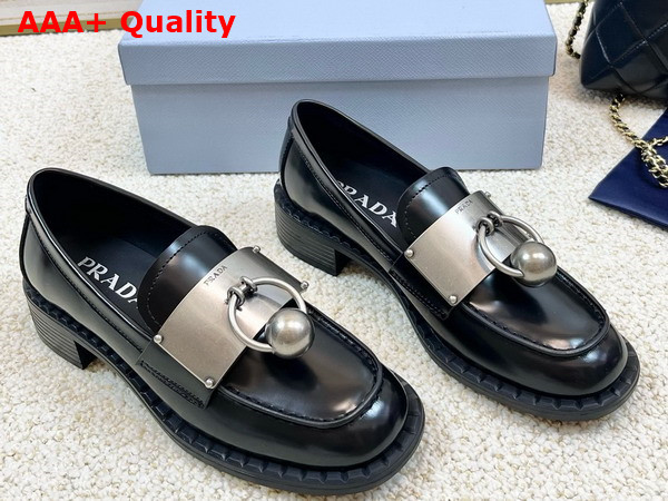 Prada Brushed Leather Loafers with Metal Details in Black 1D981N Replica