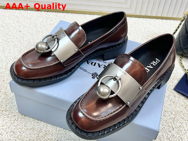 Prada Brushed Leather Loafers with Metal Details in Brown 1D981N Replica