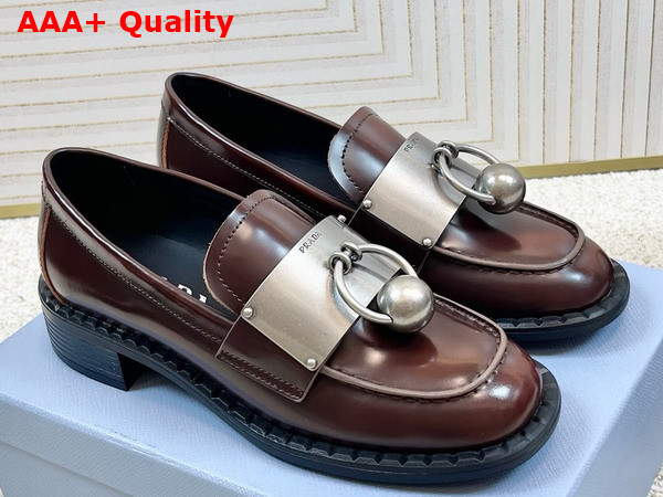 Prada Brushed Leather Loafers with Metal Details in Brown 1D981N Replica