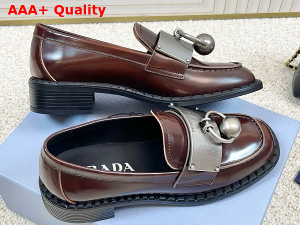 Prada Brushed Leather Loafers with Metal Details in Brown 1D981N Replica