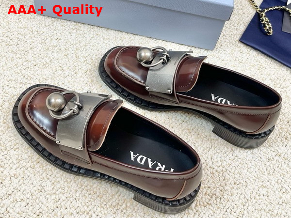 Prada Brushed Leather Loafers with Metal Details in Brown 1D981N Replica