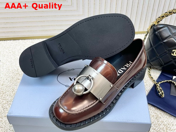 Prada Brushed Leather Loafers with Metal Details in Brown 1D981N Replica