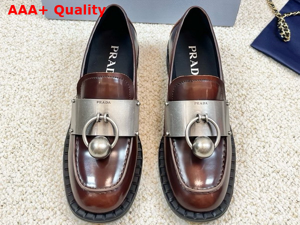 Prada Brushed Leather Loafers with Metal Details in Brown 1D981N Replica