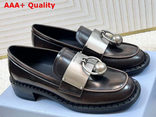 Prada Brushed Leather Loafers with Metal Details in Sienna 1D981N Replica