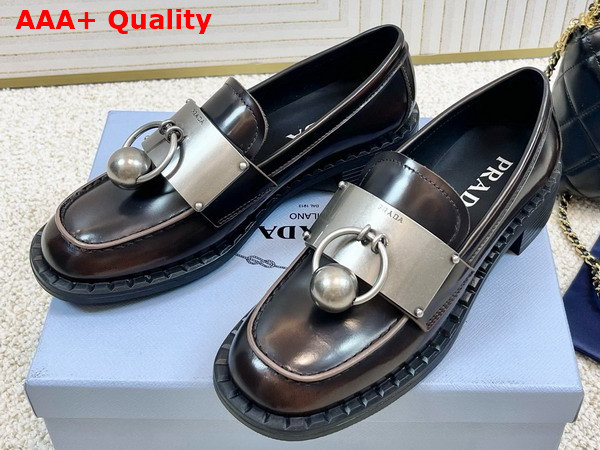 Prada Brushed Leather Loafers with Metal Details in Sienna 1D981N Replica