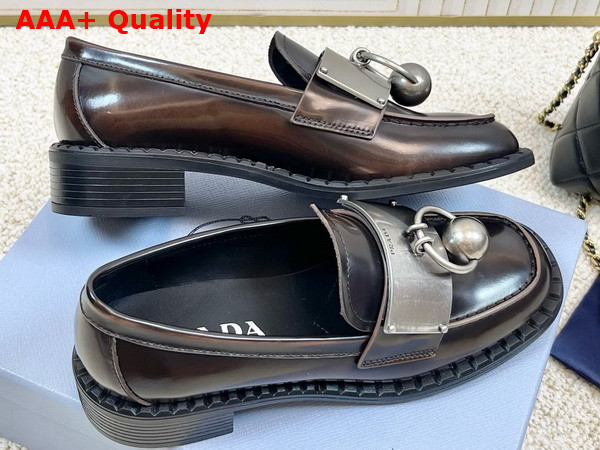 Prada Brushed Leather Loafers with Metal Details in Sienna 1D981N Replica