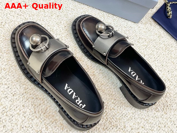 Prada Brushed Leather Loafers with Metal Details in Sienna 1D981N Replica