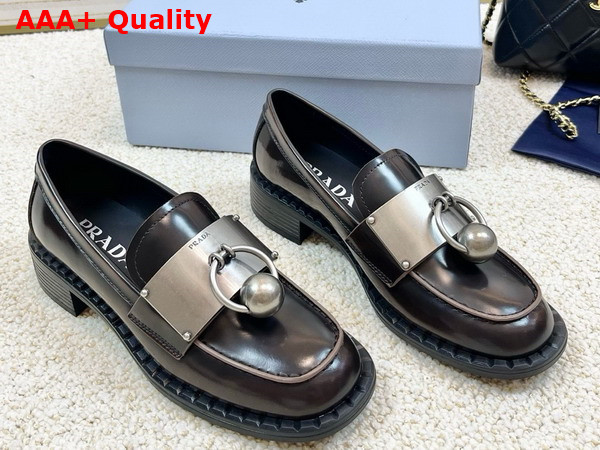 Prada Brushed Leather Loafers with Metal Details in Sienna 1D981N Replica