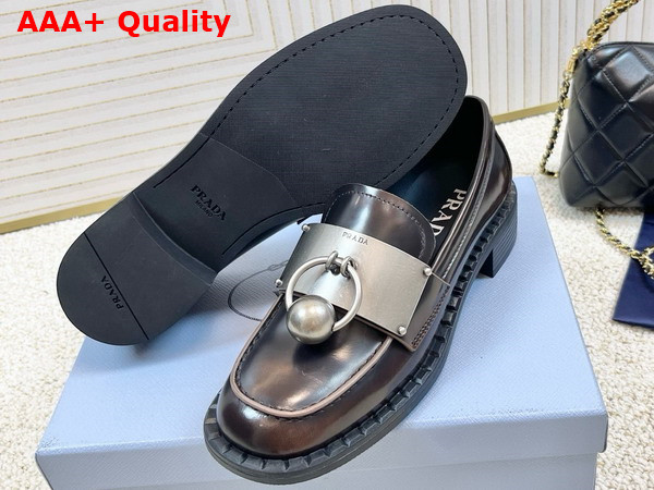 Prada Brushed Leather Loafers with Metal Details in Sienna 1D981N Replica