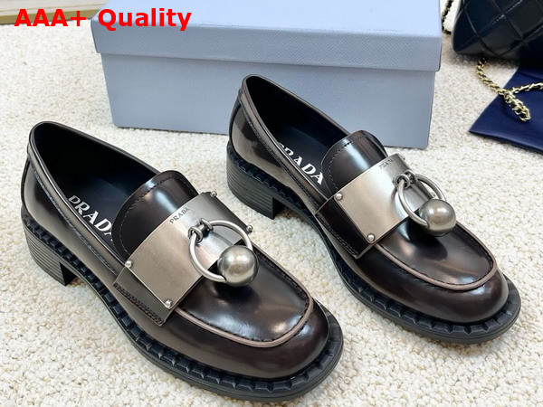 Prada Brushed Leather Loafers with Metal Details in Sienna 1D981N Replica