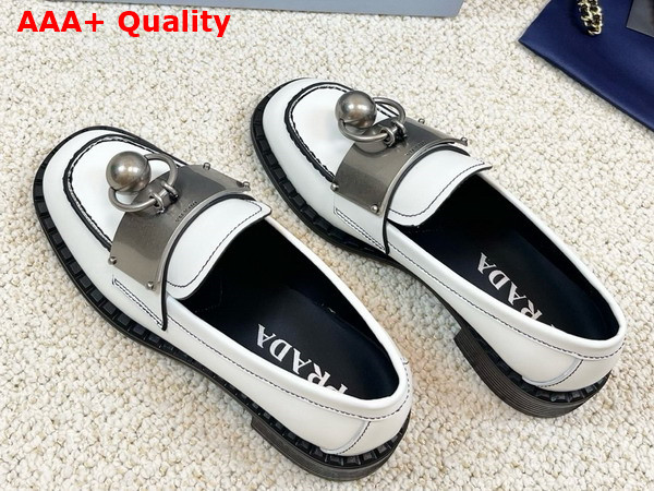 Prada Brushed Leather Loafers with Metal Details in White 1D981N Replica