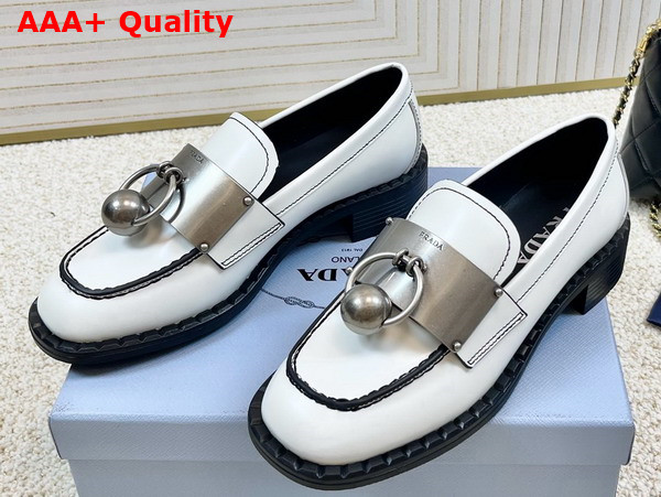 Prada Brushed Leather Loafers with Metal Details in White 1D981N Replica