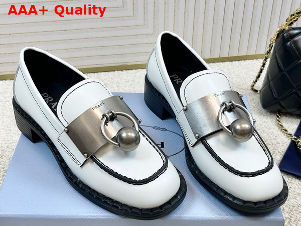 Prada Brushed Leather Loafers with Metal Details in White 1D981N Replica