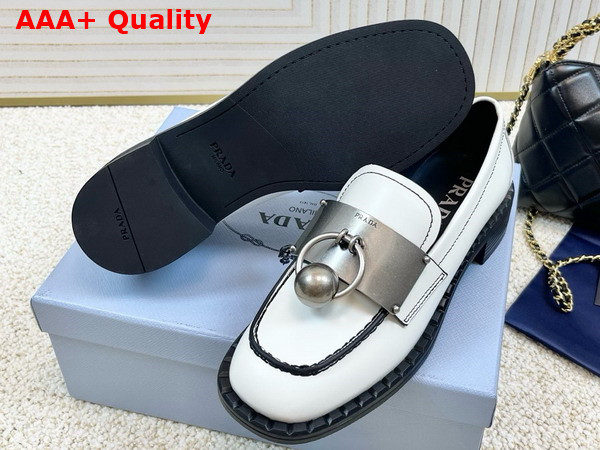 Prada Brushed Leather Loafers with Metal Details in White 1D981N Replica