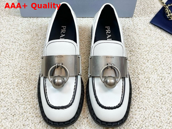 Prada Brushed Leather Loafers with Metal Details in White 1D981N Replica