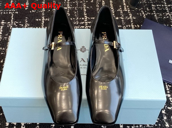 Prada Brushed Leather Mary Jane Ballerinas in Black 1F826N Replica
