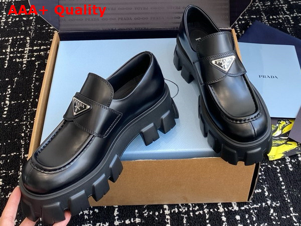 Prada Brushed Leather Monolith Loafers in Black 1D649M Replica