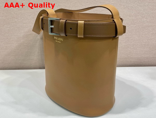 Prada Buckle Leather Bucket Bag with Belt in Caramel 1BE085 Replica
