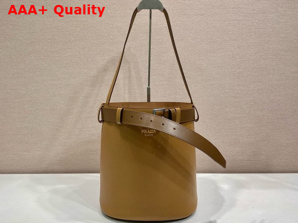 Prada Buckle Leather Bucket Bag with Belt in Caramel 1BE085 Replica