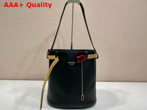 Prada Buckle Leather Bucket Bag with Jeweled Belt in Black 1BE085 Replica