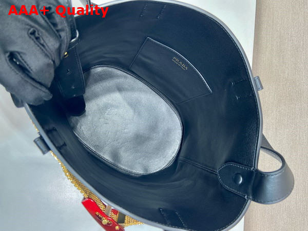 Prada Buckle Leather Bucket Bag with Jeweled Belt in Black 1BE085 Replica