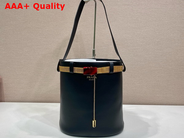 Prada Buckle Leather Bucket Bag with Jeweled Belt in Black 1BE085 Replica