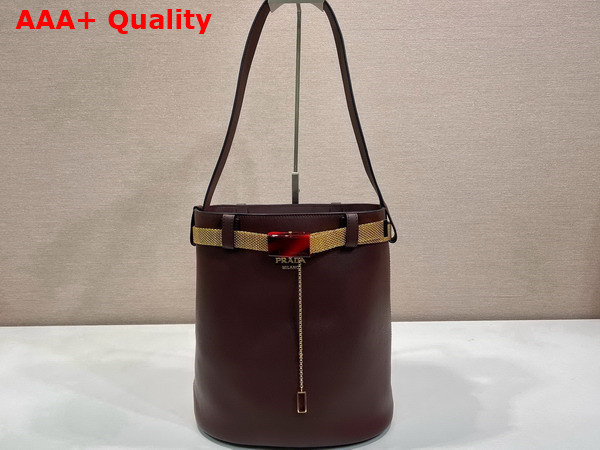 Prada Buckle Leather Bucket Bag with Jeweled Belt in Briarwood 1BE085 Replica
