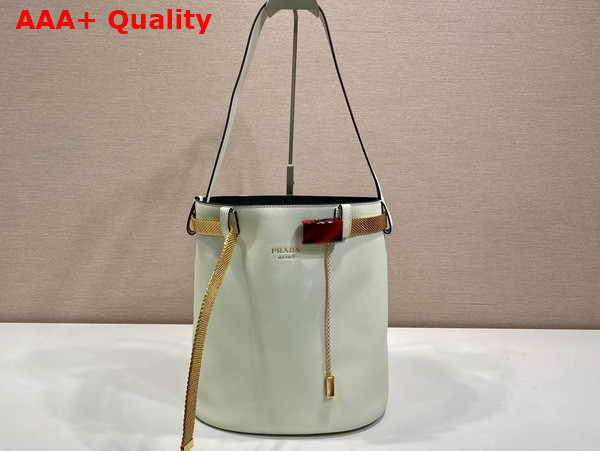 Prada Buckle Leather Bucket Bag with Jeweled Belt in White and Black 1BE085 Replica