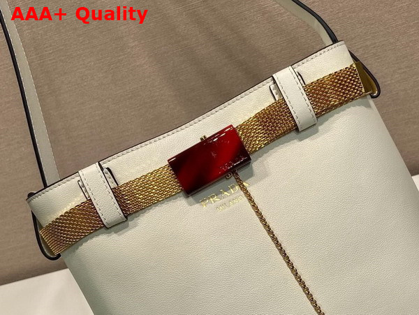 Prada Buckle Leather Bucket Bag with Jeweled Belt in White and Black 1BE085 Replica