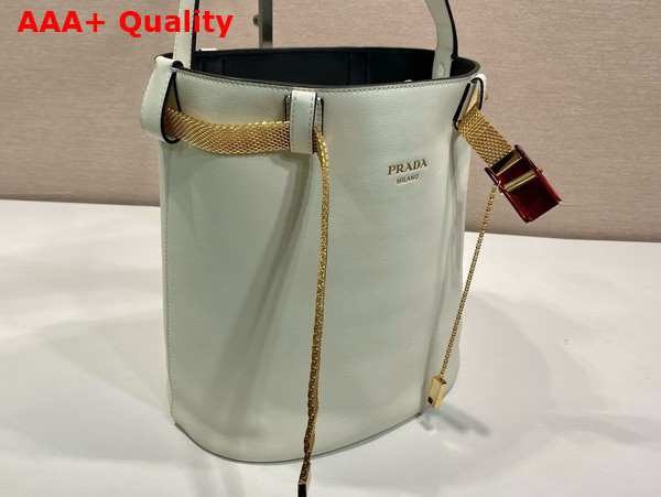 Prada Buckle Leather Bucket Bag with Jeweled Belt in White and Black 1BE085 Replica