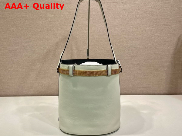 Prada Buckle Leather Bucket Bag with Jeweled Belt in White and Black 1BE085 Replica