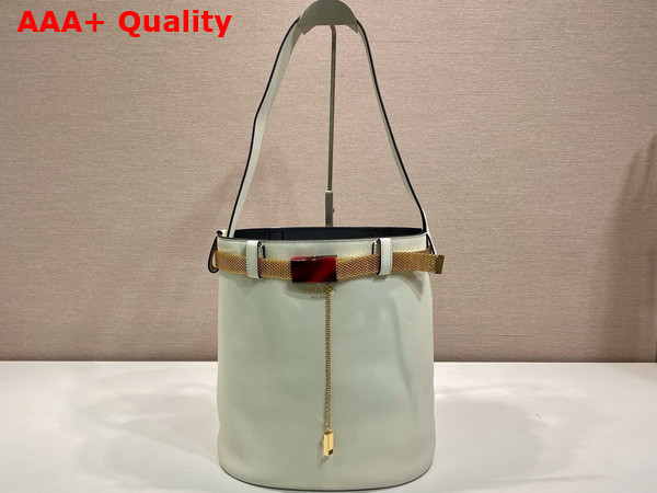 Prada Buckle Leather Bucket Bag with Jeweled Belt in White and Black 1BE085 Replica