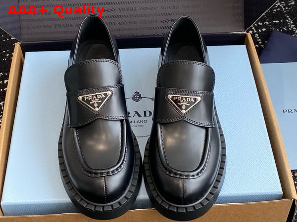 Prada Chocolate Brushed Leather Loafers in Black 1D246M Replica