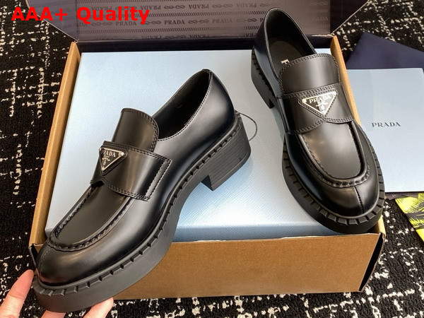 Prada Chocolate Brushed Leather Loafers in Black 1D246M Replica