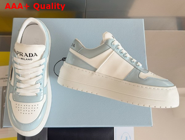 Prada Downtown Bold Leather Sneakers in Light Blue and White 1E792M Replica