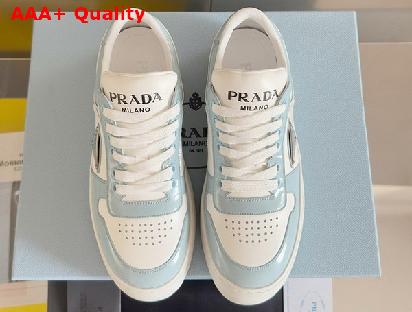 Prada Downtown Bold Leather Sneakers in Light Blue and White 1E792M Replica