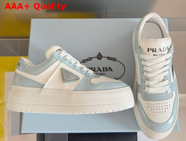 Prada Downtown Bold Leather Sneakers in Light Blue and White 1E792M Replica