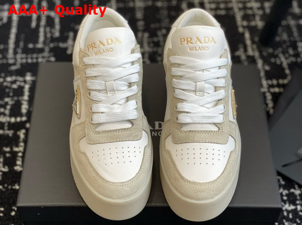 Prada Downtown Bold Suede and Leather Sneakers Desert Beige and White 1E792M Replica