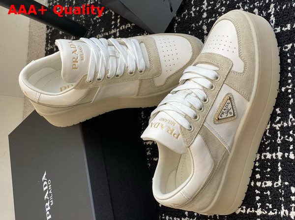 Prada Downtown Bold Suede and Leather Sneakers Desert Beige and White 1E792M Replica