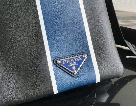 Prada Leather Bandoleer Messenger Bag in Black with Blue and White Stripe on the Front