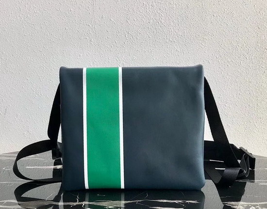 Prada Leather Bandoleer Messenger Bag in Blue with Green and White Stripe on the Front