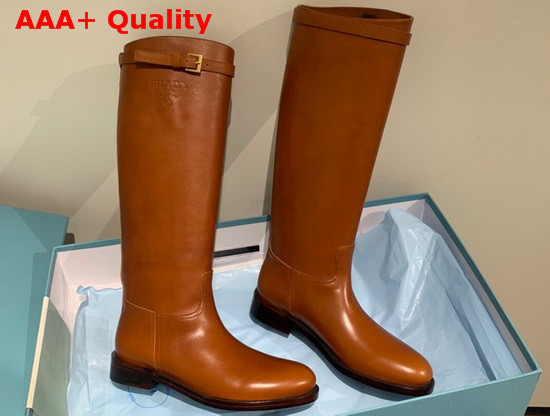 Prada Leather Boots with Strap and Buckle Cognac Calf Leather Replica