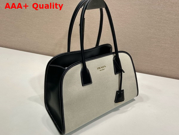 Prada Medium Linen Blend and Leather Tote Bag Tan Black 1BG572 Replica