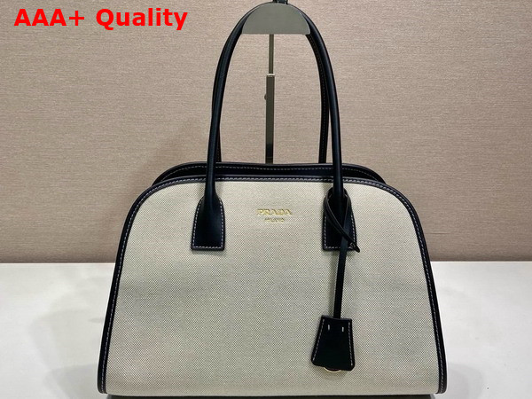 Prada Medium Linen Blend and Leather Tote Bag Tan Black 1BG572 Replica