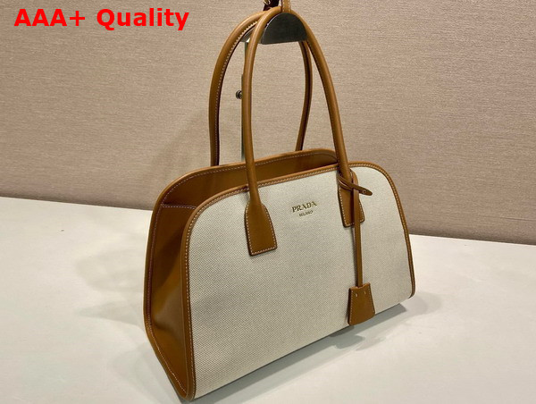 Prada Medium Linen Blend and Leather Tote Bag Tan and Caramel 1BG572 Replica