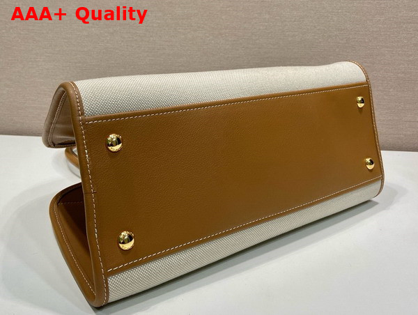 Prada Medium Linen Blend and Leather Tote Bag Tan and Caramel 1BG572 Replica