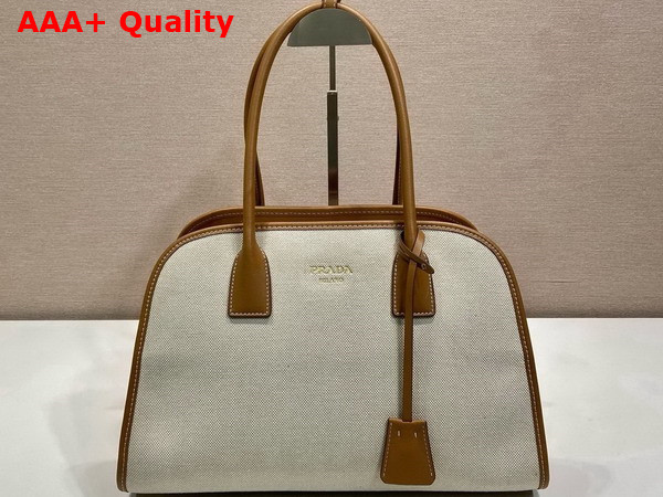 Prada Medium Linen Blend and Leather Tote Bag Tan and Caramel 1BG572 Replica
