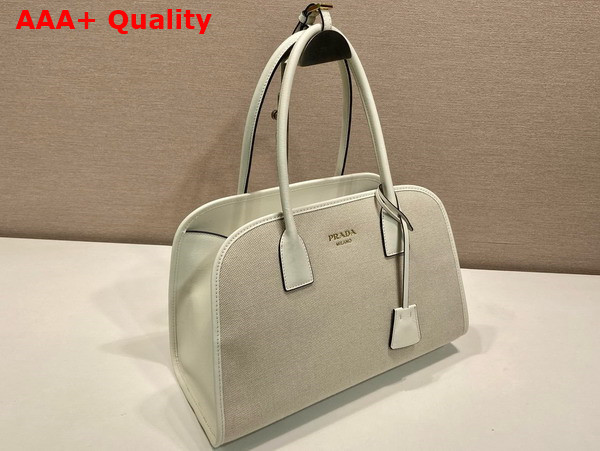 Prada Medium Linen Blend and Leather Tote Bag Tan and White 1BG572 Replica