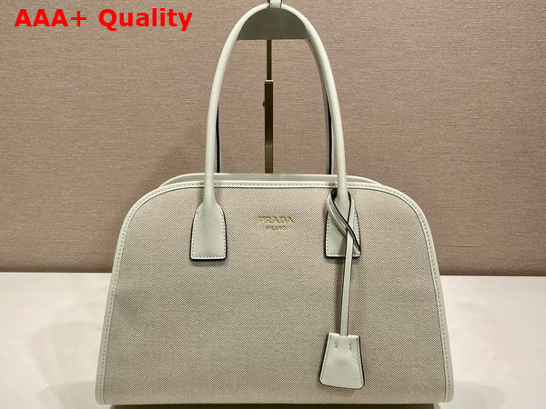 Prada Medium Linen Blend and Leather Tote Bag Tan and White 1BG572 Replica